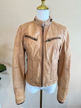 Black Rivet Genuine Tan Leather Moto Jacket - Size Small - Biker Streetwear